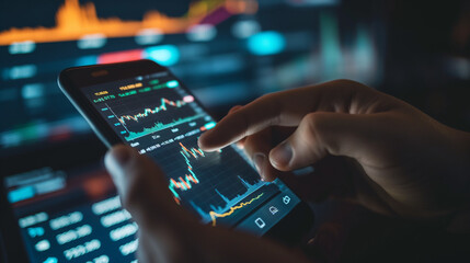 Businesswoman trading stocks with mobile phone and graph Analysis in desktop computer