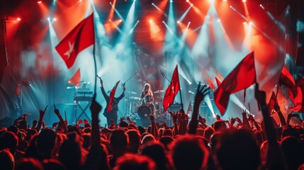 Energetic Crowd at Concert Waving Flags