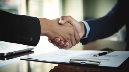 Close-up of two business professionals shaking hands over a contract, symbolizing a successful partnership or agreement in a modern office setting.