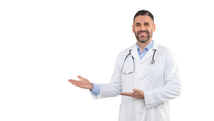A man doctor, wearing a white lab coat and stethoscope, confidently gestures towards his right. He...