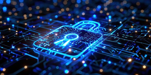 Obraz premium Digital security concept with a glowing lock symbol representing data protection and privacy in a technological network.