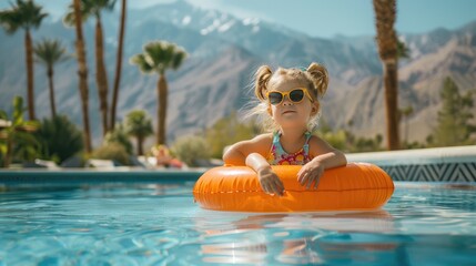 Serene Dream: Little Girl Floating in Pool With Inflatable Raft