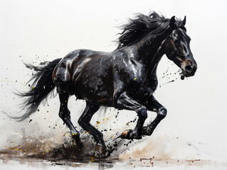 Obraz premium Stunningly painted black horse appears in midgallop, with rough brushstrokes emphasizing its power and movement against a neutral background