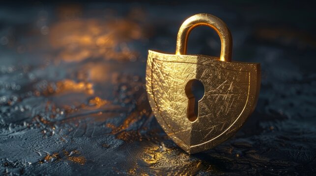 Golden padlock, shield shaped, password security, identification by safe technology for privacy and confidential data network