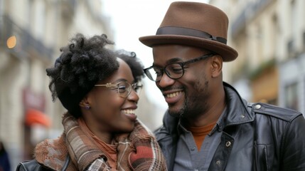 Happy african american couple in Paris, France looking each other and smiling