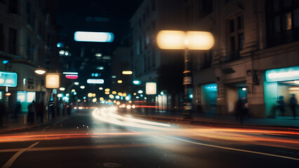 Naklejka premium Image of Blurry view of city traffic lights and car at night for background wallpaper.- Generated AI