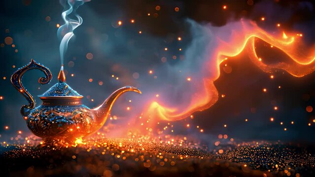 Golden genie lamp Emitting Mystical swirl of shining sparks and smoke on dark blue background
