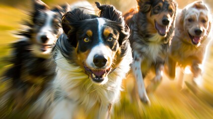 of herding dogs like Australian Shepherds and Border Collies against a dynamic, motion-blurred field background, highlighting their agility and focus, Pets, Animal, Cute, Happiness - Powered by Adobe