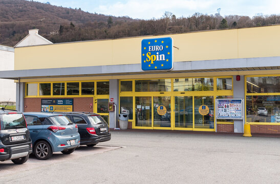 Luino-Creva, Lombardy, Italy - March 15, 2024: Eurospin supermarket, a discounter in Luino-Creva, province of Varese.