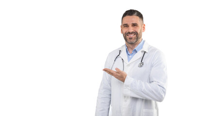 A man doctor, wearing a white lab coat and stethoscope, smiles as he gestures to the side....