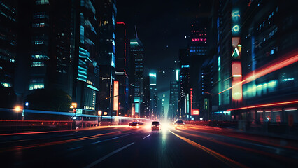 Image of Blurry view of city traffic lights and car at night for background wallpaper.- Generated AI