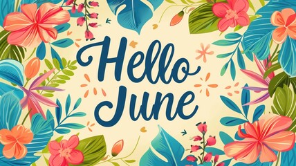 A vibrant summer-themed poster with the words "Hello June" surrounded by colorful flowers and leaves.