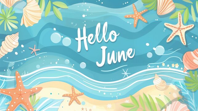 A beach-themed poster with "Hello June" written in playful fonts, surrounded by seashells, starfish, and waves.