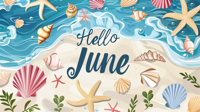 A beach-themed poster with "Hello June" in playful fonts, surrounded by seashells, starfish, and ocean waves.