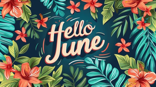 A vibrant summer-themed poster with the words "Hello June" surrounded by tropical flowers and leaves.