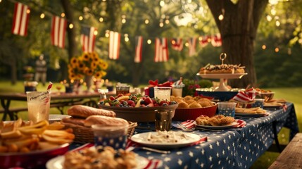 Fototapeta premium showing a table laden with traditional American fare, adorned with red, white, and blue decorations, while guests serve themselves in a festive outdoor setting, Memorial Day, Indep