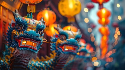 Fototapeta premium Vibrant chinese dragon dance costumes in a colorful festive celebration scene