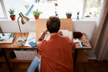 Woman, artist and creative drawing at desk as book illustrator or craft process, small business or...