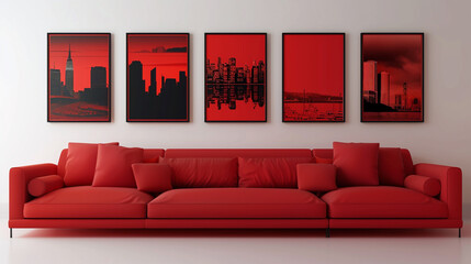 Urban minimalist apartment with a bright red sofa and five horizontal poster frames, each depicting...