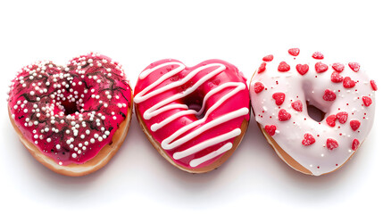 Three heart-shaped donuts isolated on a white background, valentine's day concept.