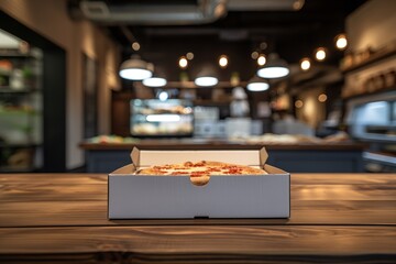 Open pizza box with pizza on wooden table - Powered by Adobe