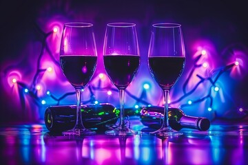 wineglasses on a colored background. Studio photo. Club party aesthetics. Close-up