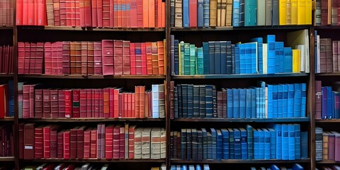 An assortment of vibrant books arranged in a librarys bookshelf. Concept Bookshelf Display, Colorful Books, Organized Reading, Library Collection, Literary Arrangement