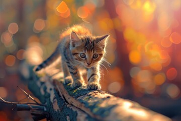 Colorful cat navigating a log bridge with curiosity