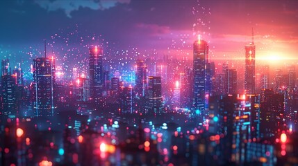 Fototapeta premium High-tech metropolis skyline with illuminated data streams reflecting in water