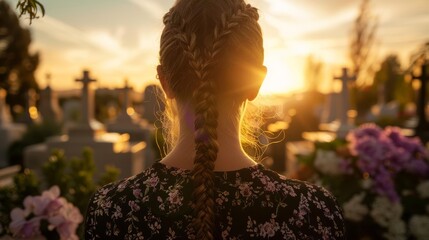 Obraz premium Back view, woman with braided hair, sunset cemetery, peaceful and reflective, floral setting
