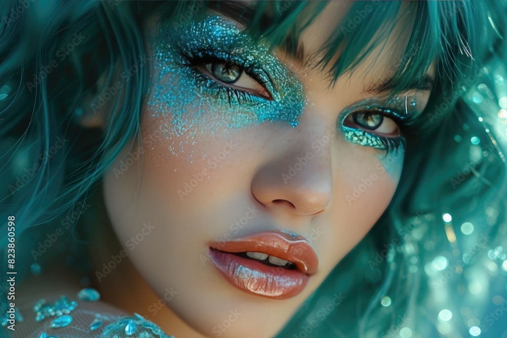 Wall mural teal fantasy: mesmerizing glitter makeup and dress ensemble