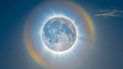 A rainbowcolored halo forms around the moon creating a rare and mesmerizing lunar phenomenon.