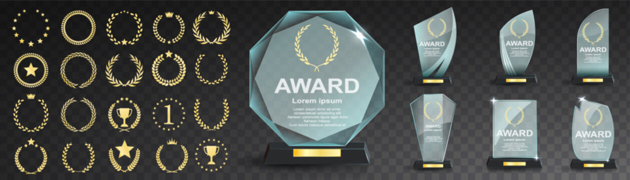 Glass award trophy set. Transparent prize template. Winner first place concept. Vector illustration. Winner glass trophy. First place award, crystal prize and signed acrylic trophies. Glass awarding t