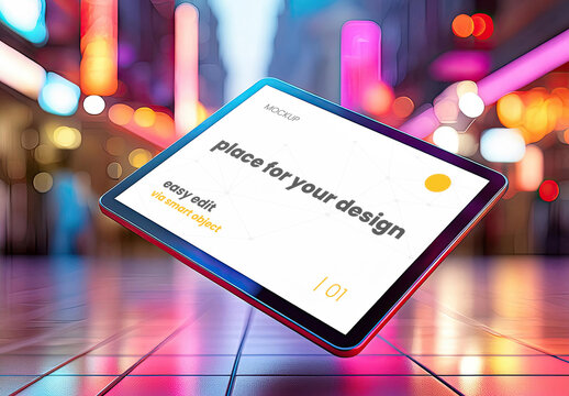 Floating Tablet Screen mockup with colorful lights city background 01 Generative Ai