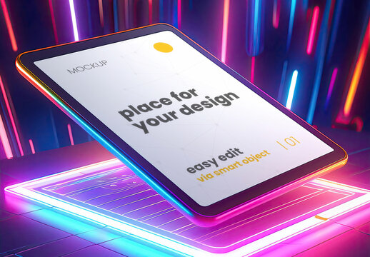 Floating Tablet Screen mockup with colorful lights tech background 01 Generative Ai
