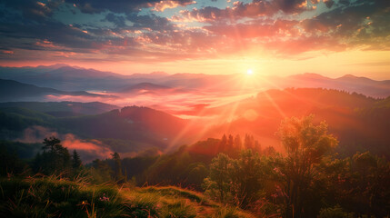 Naklejka premium Sunrise visible over the mountains with a beautiful forest underneath