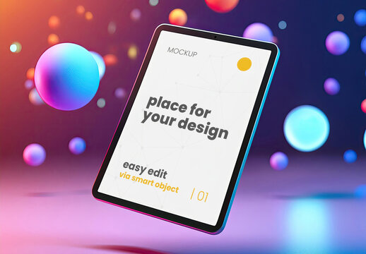 Floating Tablet Screen mockup with colorful background 05 Generative Ai