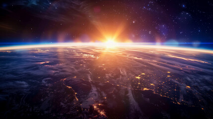 The sun above the planet earth seen from space