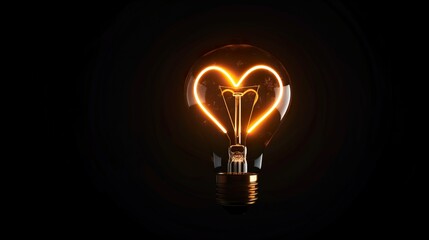 Light bulb with a heart shape glowing, black background