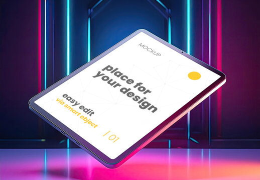 Floating Tablet Screen mockup with colorful tech background 05 Generative Ai
