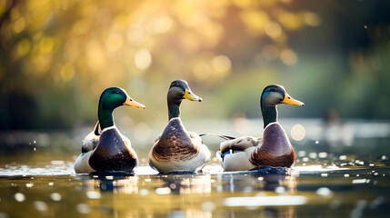 Ducks bathing in the water around which there is a dense forest
