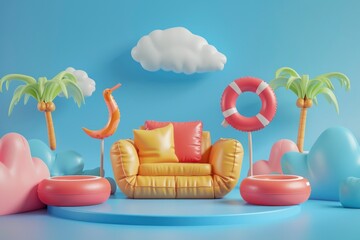 summer elements for relax and vacation made of inflatable items on blue background in style of 3d. playful design concept.