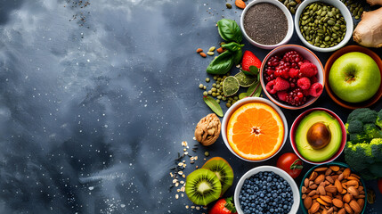 A vibrant assortment of fresh fruits, vegetables, nuts, and seeds arranged on a gray background, showcasing a variety of nutritious and colorful food options