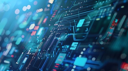 Obraz premium Futuristic digital interface showcasing neural networks, AI data processes, and complex data transfer in a vibrant tech setting.
