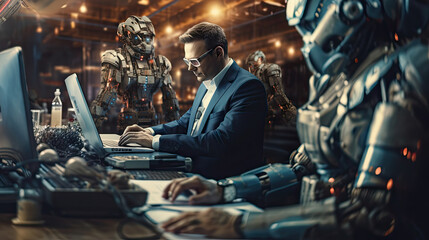 A human and humanoid robot sit side-by-side working together in a high-tech, futuristic office environment
