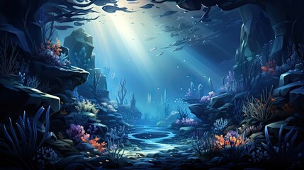 Stunning digital illustration of an underwater scene pulsating with marine life and sunbeams