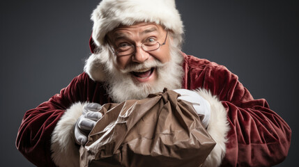 Fototapeta premium Portrait of a joyful Santa Claus with a large brown sack, ready to deliver presents
