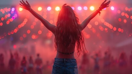 Young woman with arms raised enjoying a festive atmosphere at a colorful outdoor music festival