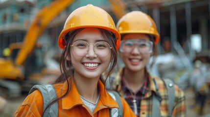 Two happy Asian female engineers in orange safety vests and helmets posing on a construction site background