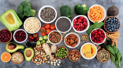 A vibrant selection of fresh fruits, vegetables, nuts, and seeds arranged on a gray background, highlighting a variety of nutritious and colorful food options.